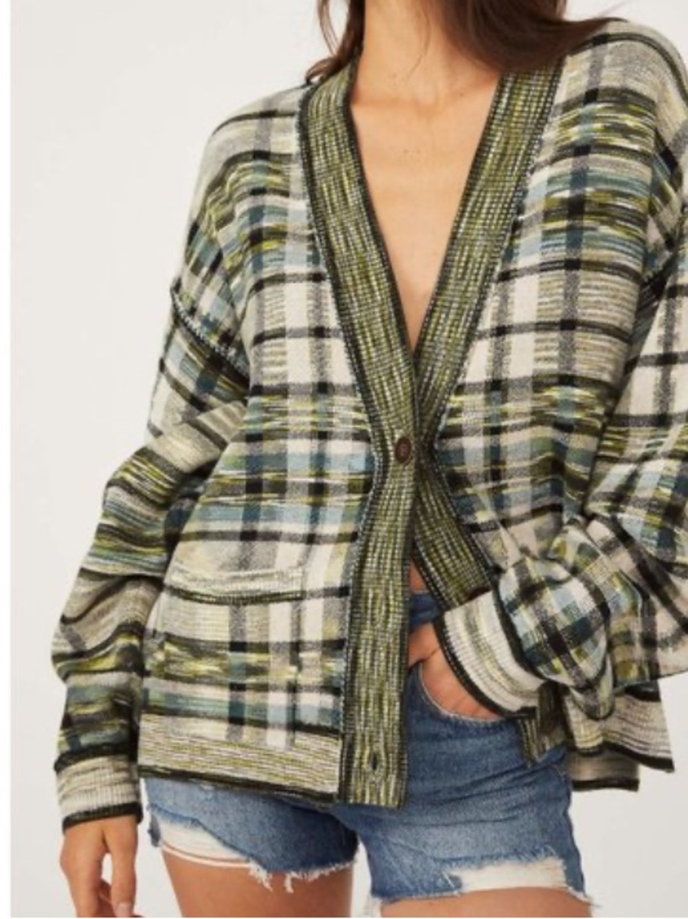 Free People Green Tea Multi Plaid McGregor V-Neck Button Cardigan size S/P